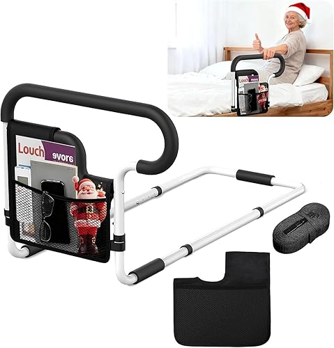 Rieles de cama para adultos mayores, riel de asistencia de cama ajustable para personas mayores, riel de seguridad de cama con 2 bolsas de