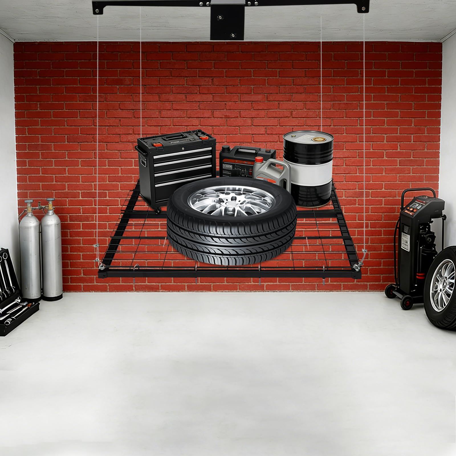 Kohlenstoffstahl Garagen-Lagerlift, Verstellbarer Schwerlast-Deckenlift mit Handkurbel, 113 kg Tragkraft, 243 cm Hubhöhe, platzsparender Garagen-Organizer, einfache Installation