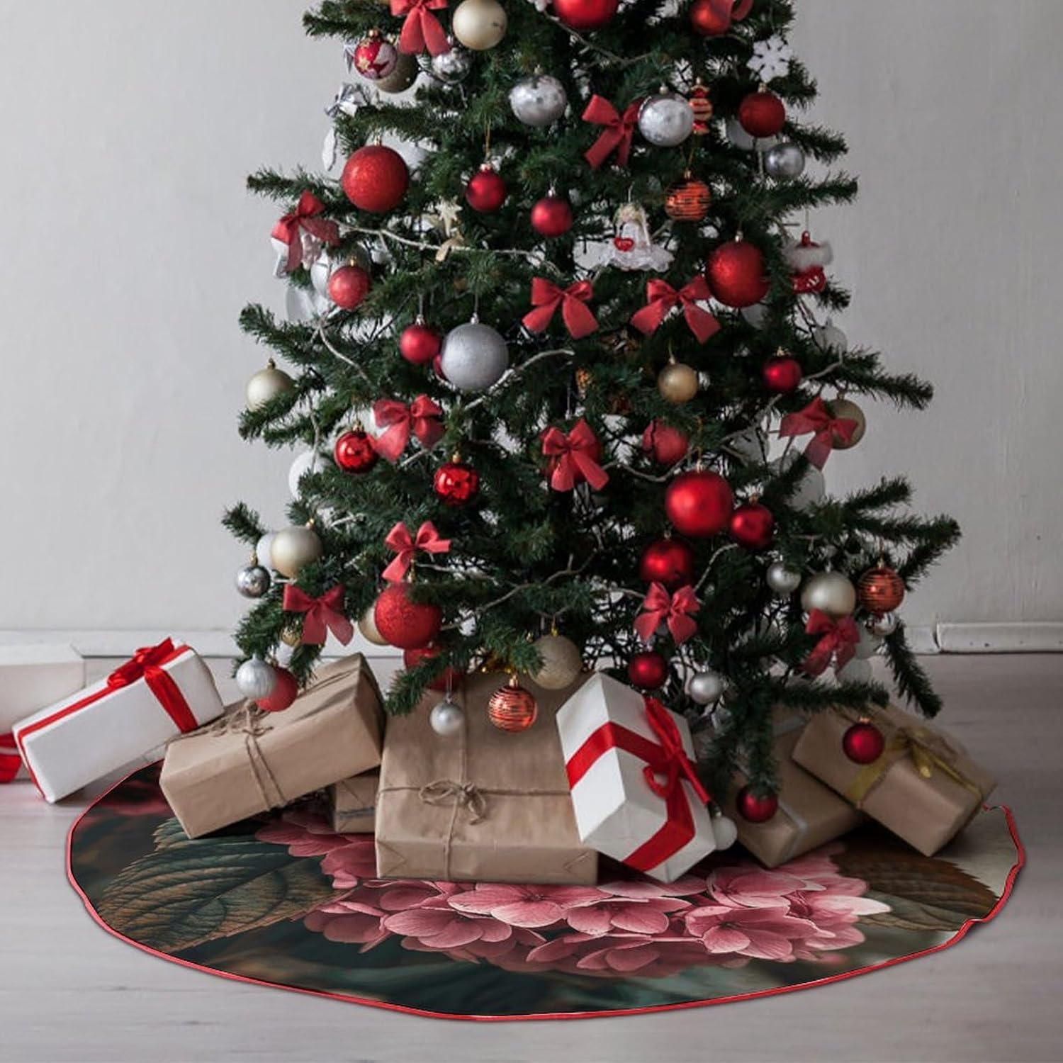 Christmas Tree Skirt,for Xmas Tree Holiday Party Decorations Flowers Printed Christmas Tree Mat Red Lace-up Christmas Tree Dress