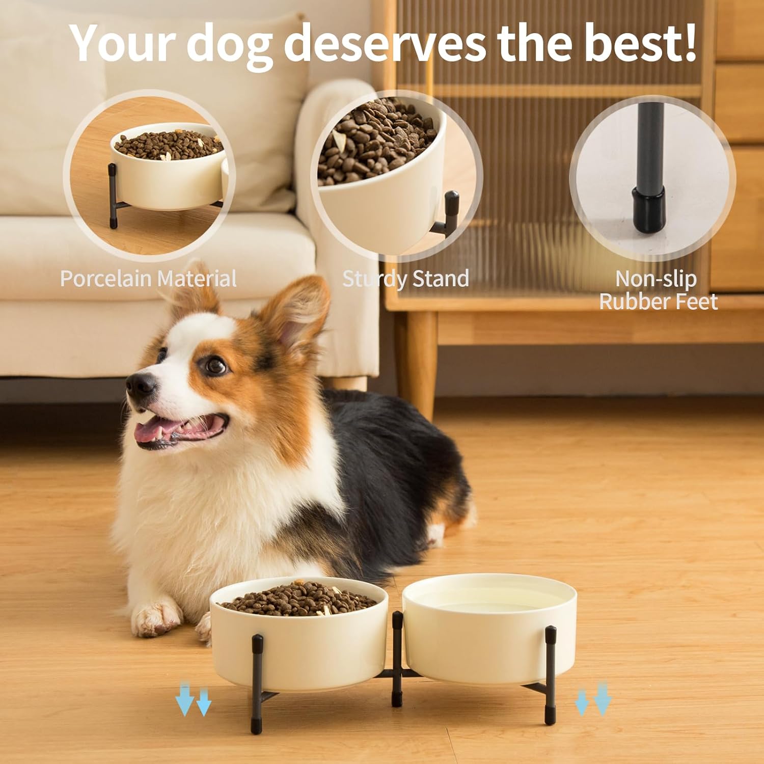 6 Inch Elevated Dog Bowl with Adjustable Metal Stand, 32 OZ Raised Ceramic Dog Bowls Set for Food and Water Bowl, Double Pet Feeding Dishes for Small and Medium Breed Dogs, Beige, Set of 2