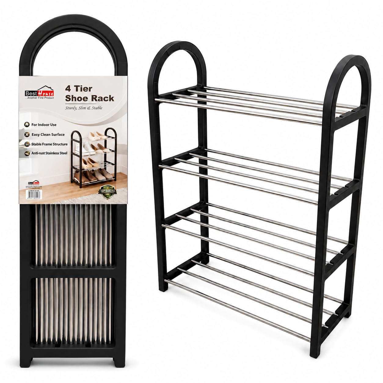 BH | 4 Tiers Shoe Rack | Narrow Space Saving Shoe Stand | Adjustable Shoe Slots Racks | Multi-Layer Footwear Storage Shelf for Entryway, Bedroom, Closet & Hallway | Easy Assembly - by Best House