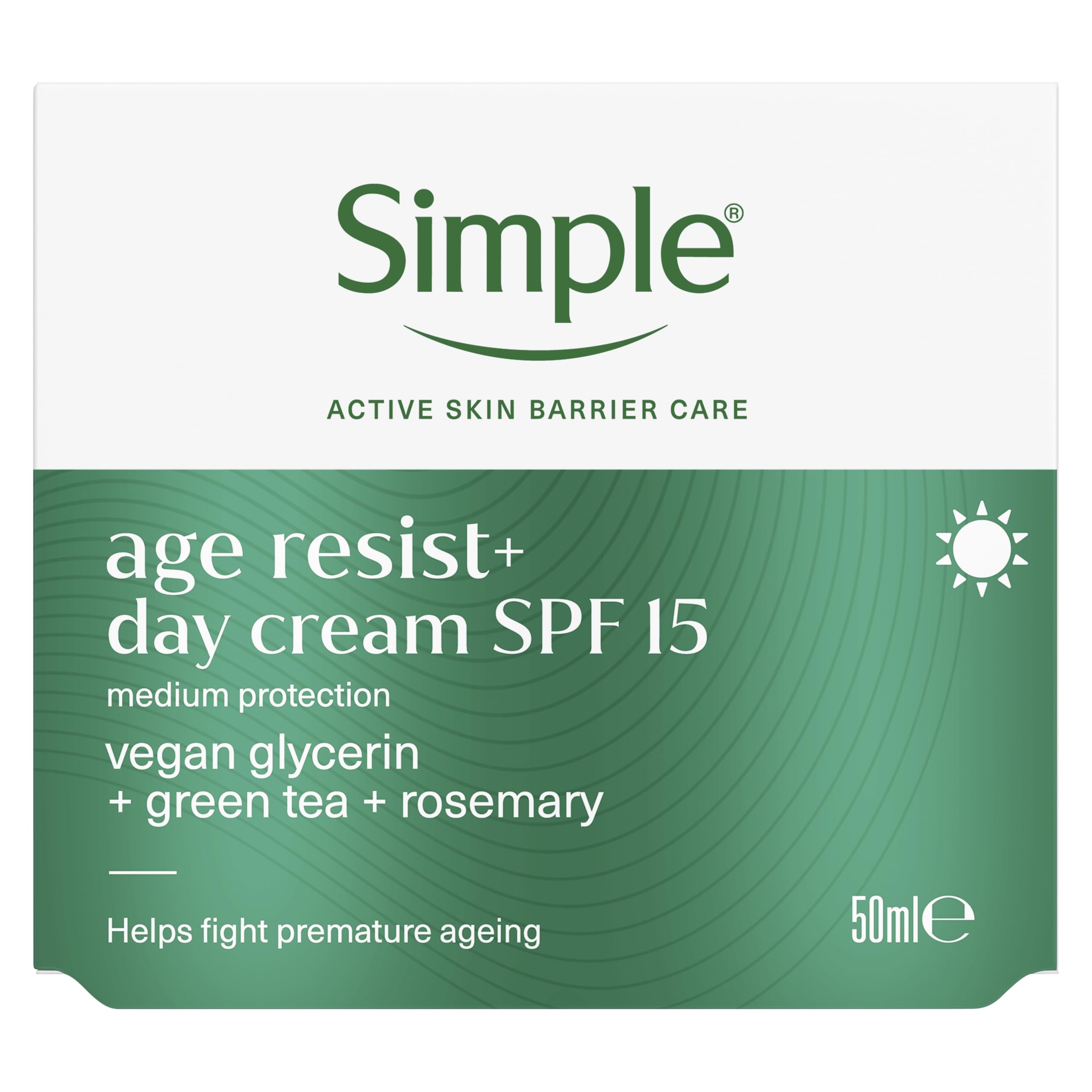 Simple Age Resist+ Day Cream Moisturiser SPF 15, Green Tea & Rosemary, 50ml | For daily facial care, hydration and SPF 15 protection in one cream.
