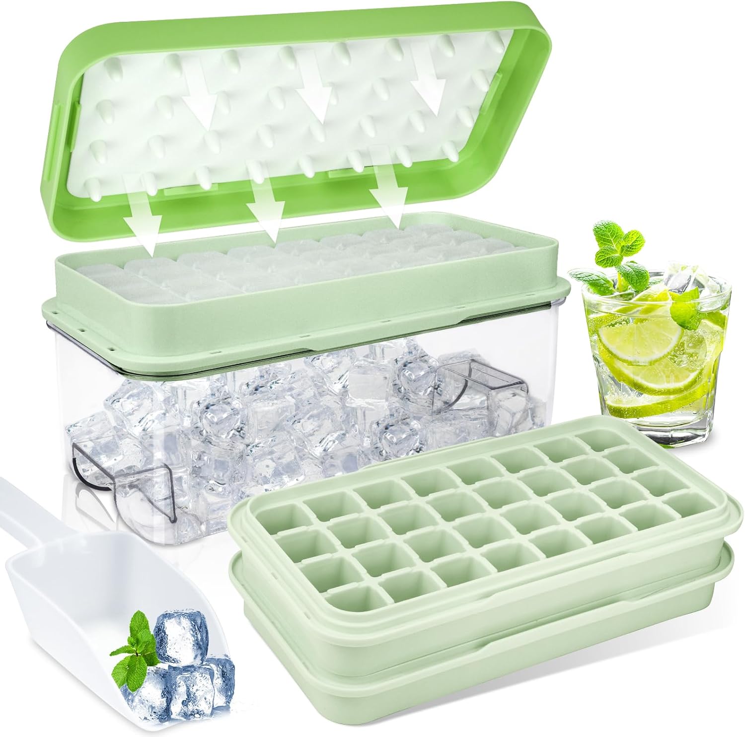 Ice Tray, Set of 64 Ice Cube Moulds Food Grade with Lid and Receptacle, Double Layer Ice Cube Tray with Spoon, Easy Press to Release for Baby Food, Drink (Green)