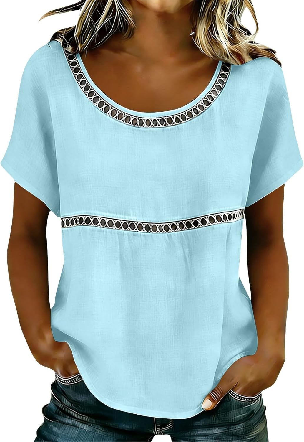 Linen Shirts for Women Short Sleeve Lace Patchwork Top Summer Crew Neck Blouses Lightweight Beach T Shirts 2026