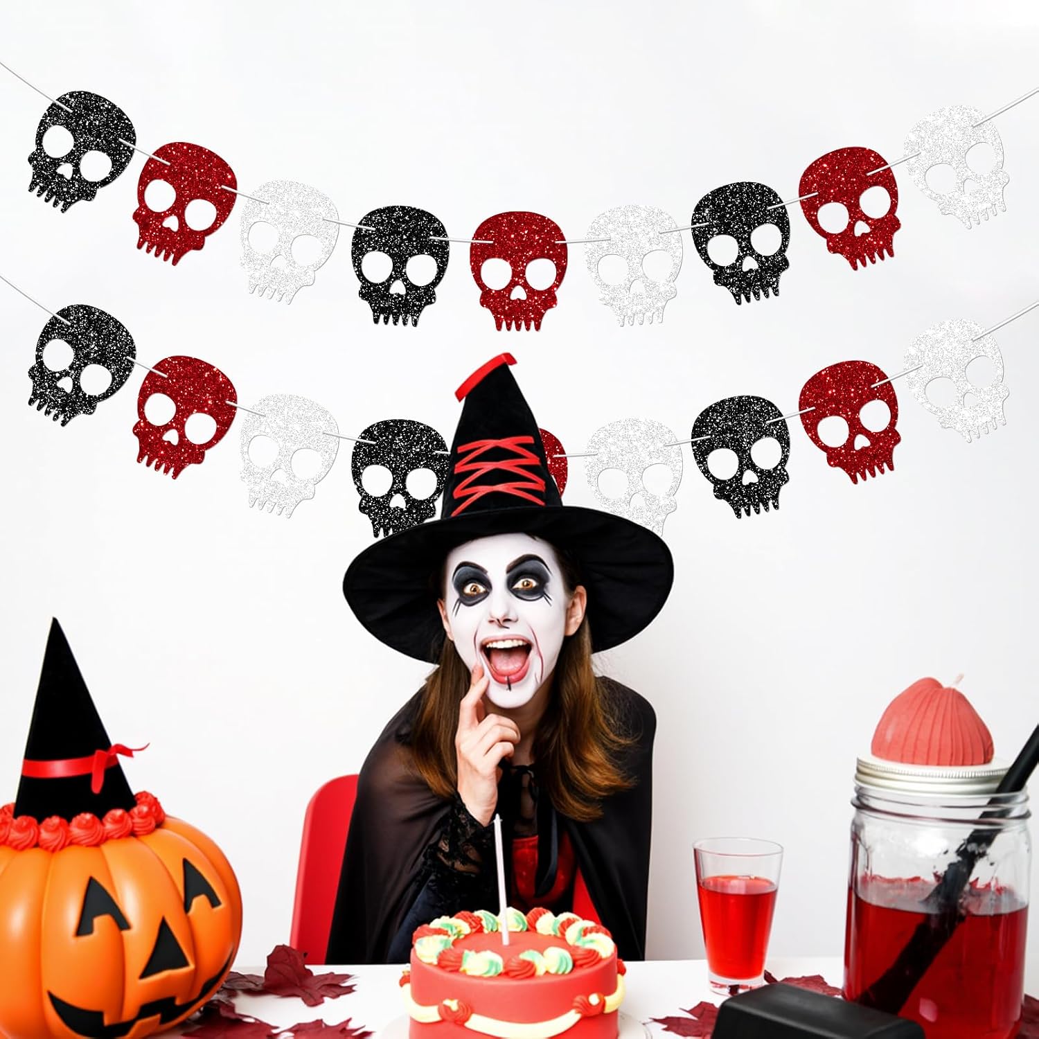 2PC Black/Silver/Red Skull Garland for Halloween Party Decorations Glitter Skull Banner for Gothic Birthday Decorations Supplies - Image 9