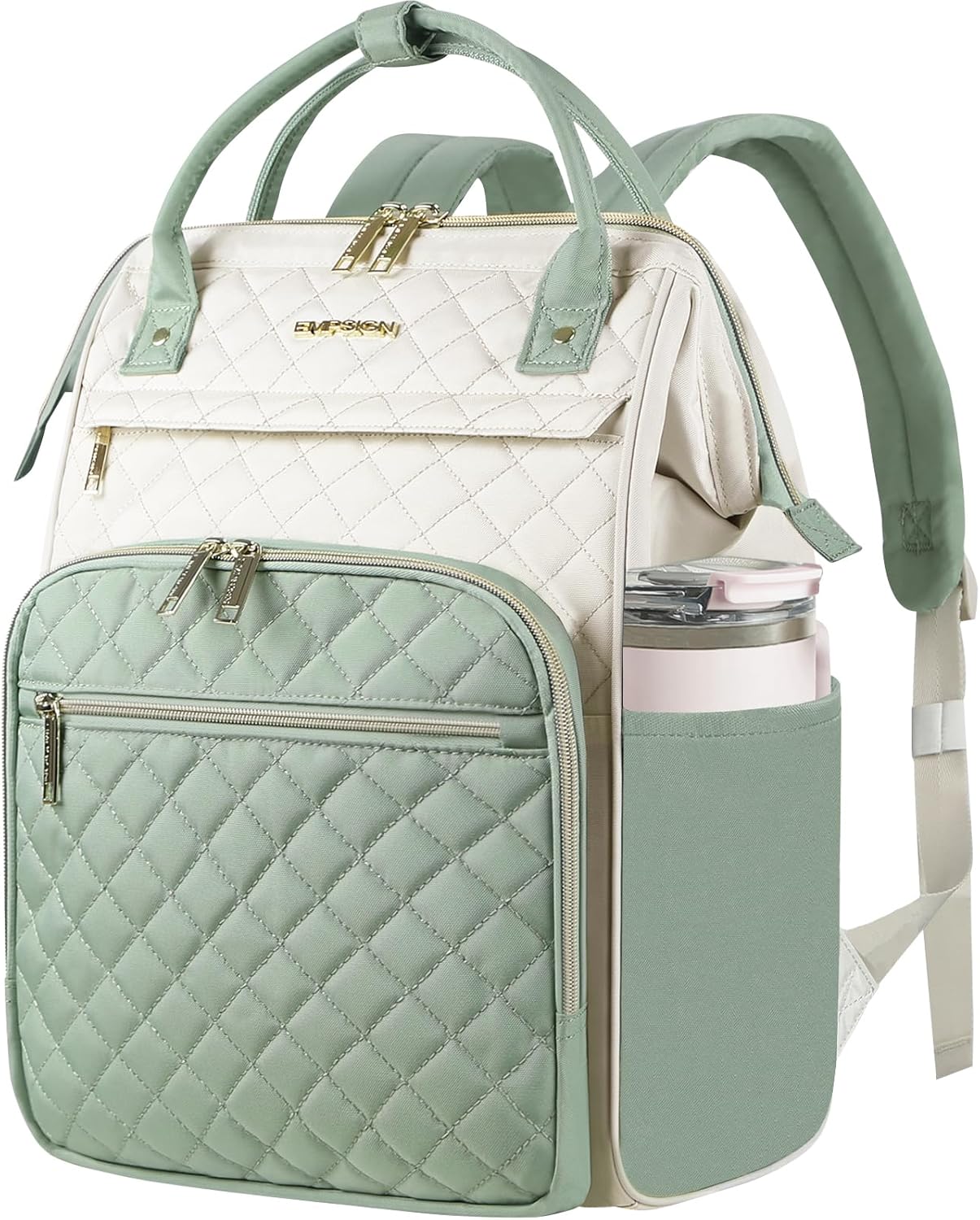 EMPSIGN 17 Inch Laptop Backpack for Women, Work Business Travel Computer College Bags, Large Capacity Water-repellent Quilted Casual Daypack with USB Port, Beige-Black