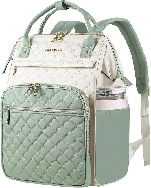 EMPSIGN Zaino per computer portatile da 17 pollici per donne, lavoro, lavoro, viaggi, computer, università, grande capacità, impermeabile, trapuntato, casual, con porta USB, Beige-verde chiaro