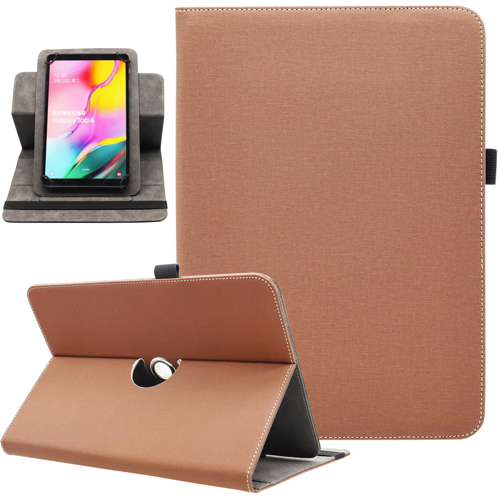 Universal 10 10.1 Inch Android Tablet Case, 360 Degree Rotating Multi-Angle Viewing Stand Leather Wallet Tablet Case Cover for 10 10.1 inch and All 9.5" - 10.5" Tablet, Brown