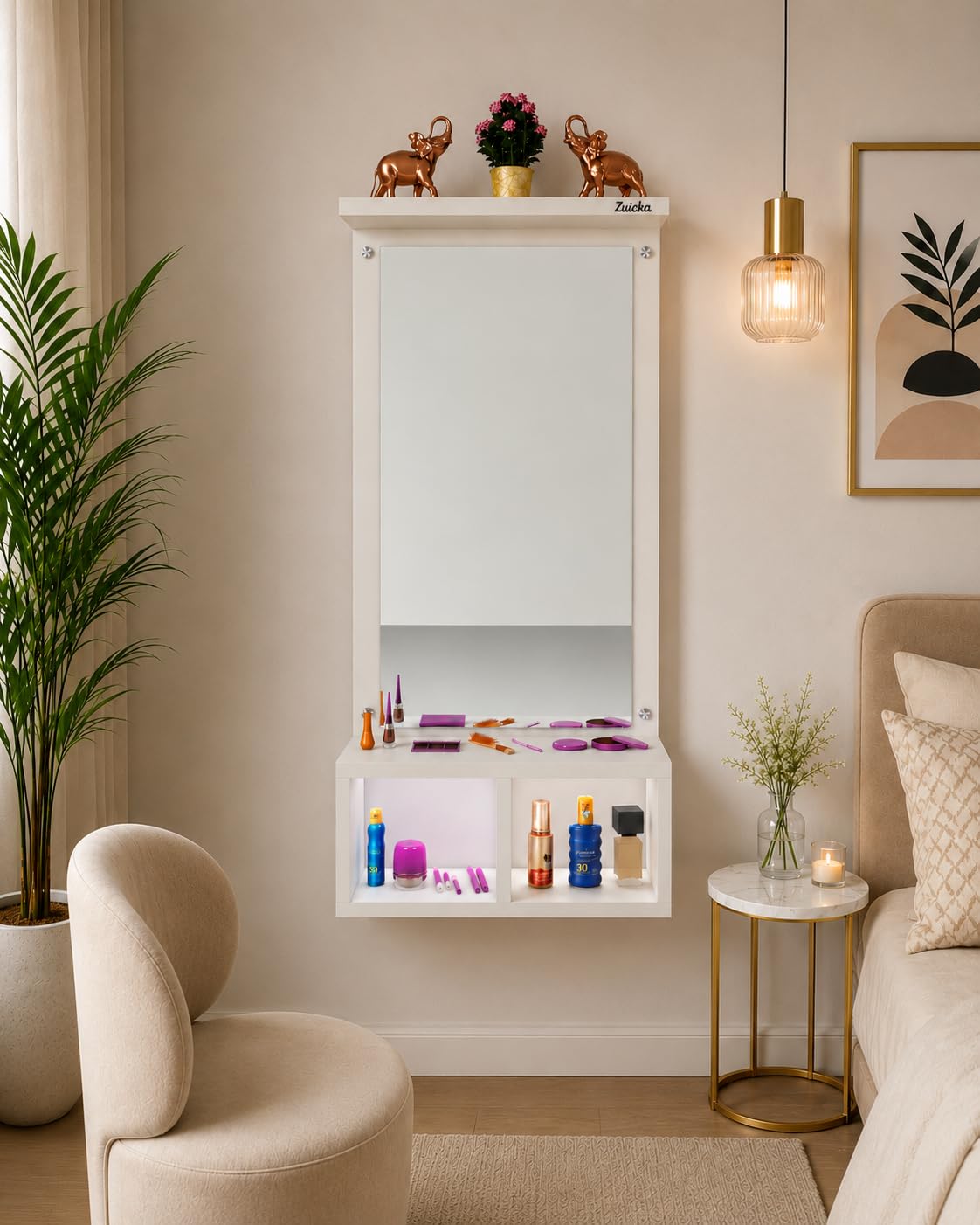 Zuicka Wall Mounted Makeup Vanity with Mirror, Wenge Finish, Modern Style, Wood, 34cm Width x 75cm Height x 12cm Depth, Storage Shelves-image-20