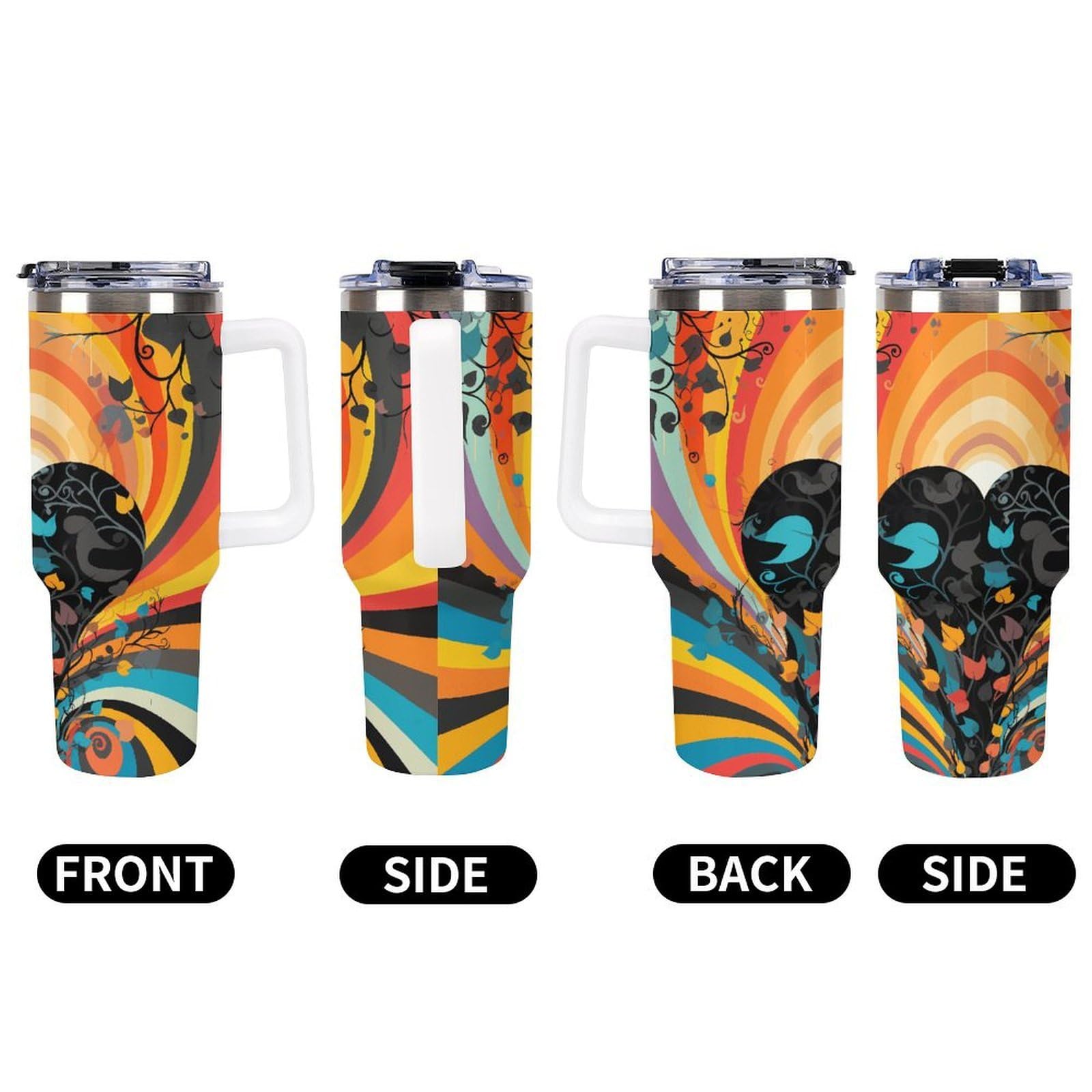 Tazza da caffè da viaggio in vetro colorato fantasia riutilizzabile durevole in acciaio inossidabile isolato con manico e cannuccia resistente alle perdite, tazza termica portatile, regalo per