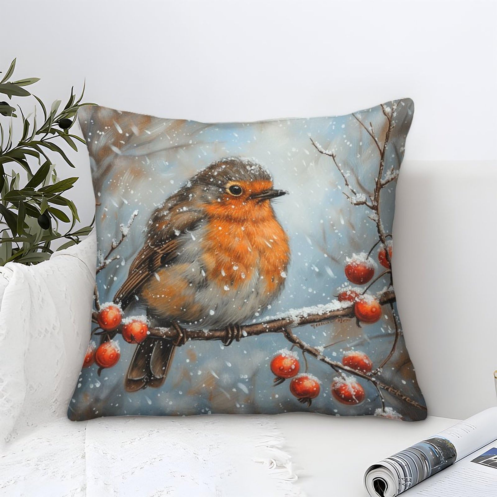 Unrxjzlvm Style-2 Robin Cushion Cover Set Of 1 Decorative Machine Washable Pillowcases Square Cushions With Invisible Zipper Cushion Covers For Livingroom Sofa Bedroom Throw Pillow Case 45X45cm