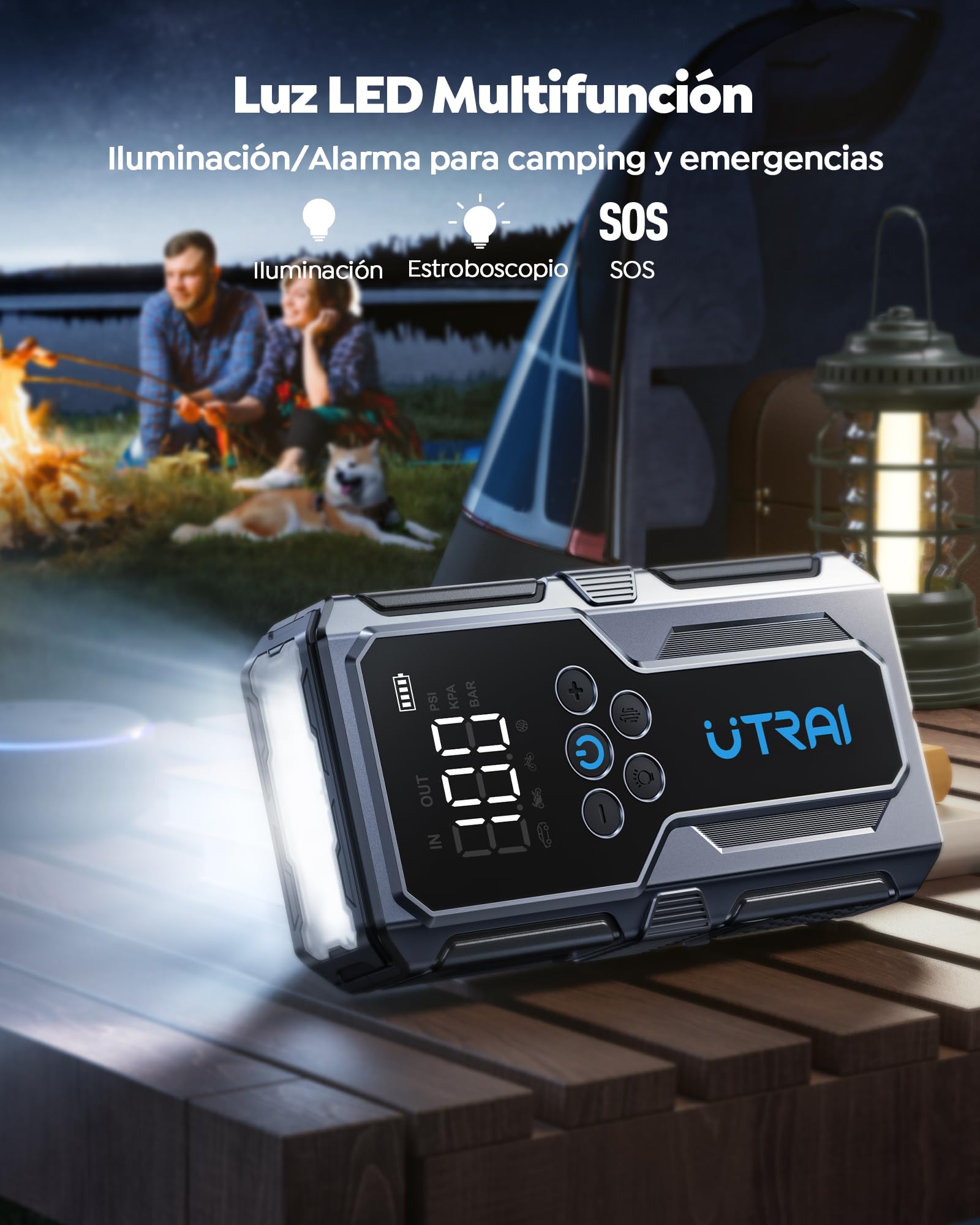 4500A Arrancador de Baterías de Coche con Compresor de Aire,UTRAI 12V Arrancador de Coches(para 9L Gasolina o 7.5L Diesel) Portatil con 18W Carga Rápida,Jump Starter,Linterna LED Salida