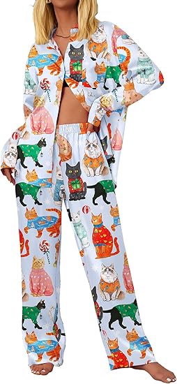 Ekouaer Womens Satin Silky Pajama Set 2 Piece Print PJs Soft Loungewear Button Down Sleepwear with Elastic Waist Long Pants