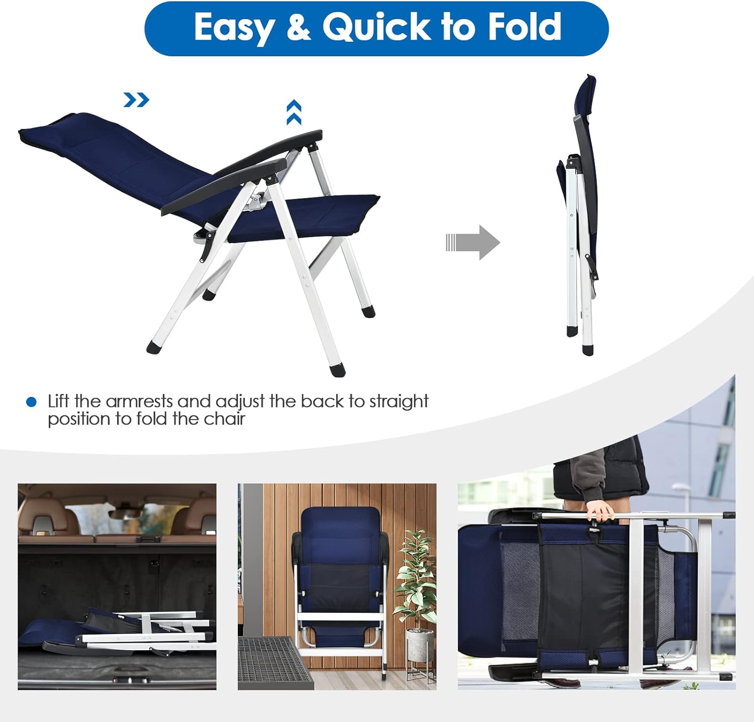 Tangkula Set of 2 Patio Folding Chairs, Portable Reclining Chairs with 7-Position Adjustable Back & Padded Headrest, Outdoor Indoor High Back Chaise Lounge Armchair for Poolside, Yard, Lawn, Navy