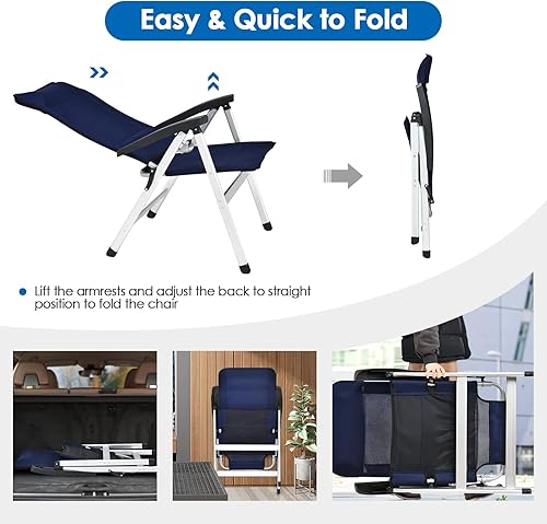 Miniatura 7 de Tangkula Juego de 2 sillas plegables para patio, sillas reclinables portátiles con respaldo ajustable de 7 posiciones y reposacabezas acolchado,
