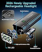 Vista 7 de 2026 Upgrade 6800Lumen Bike Light for Night Riding,Super Bright 6 LED Headlight,Aluminum 10 Mode Rechargeable Bicycle Light Front and