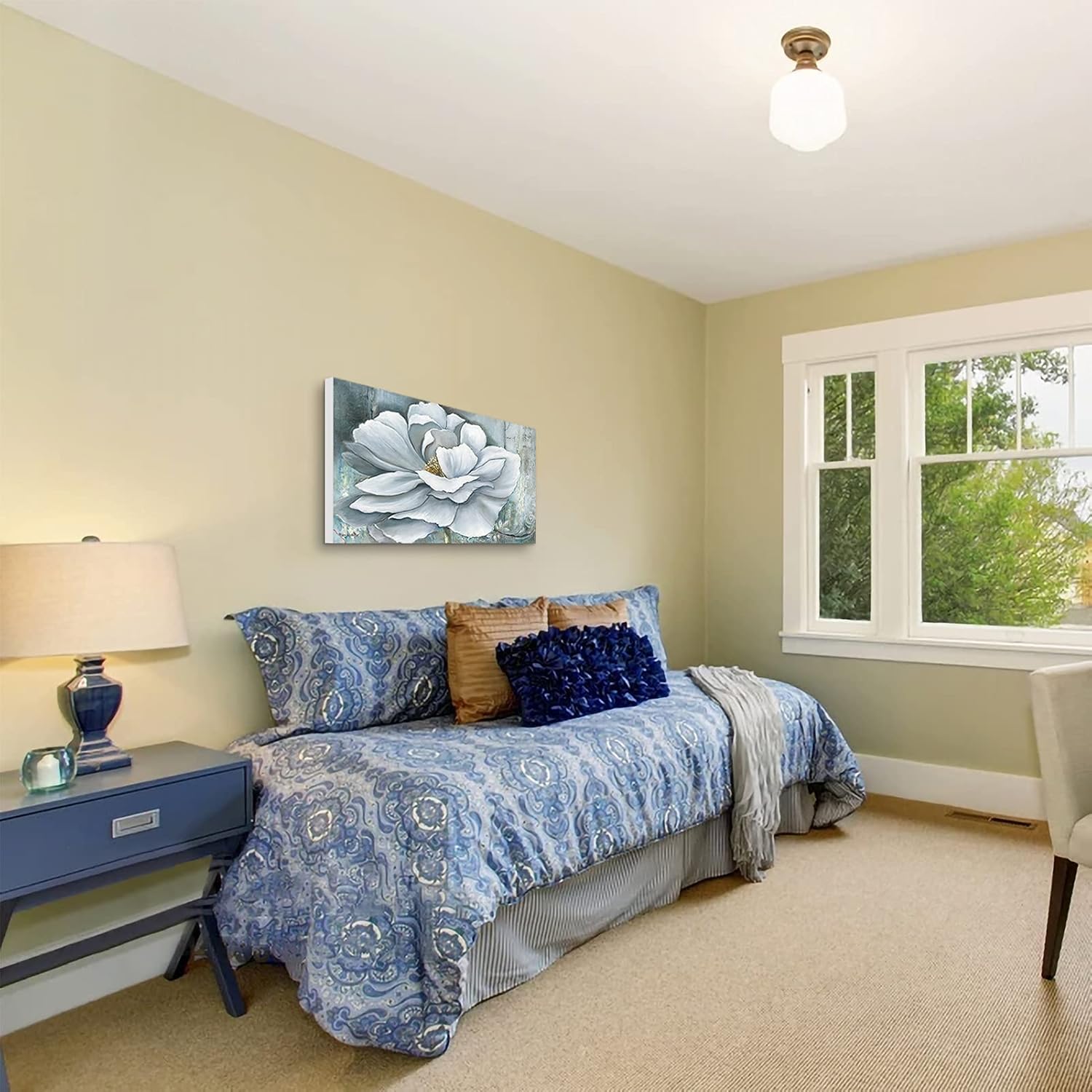 Black Friday - 50% OFF White Peony Artwork Silken Bloom Flower Abstract Art Light Blue Grey Peony Picture Print on Wooden 3D digital printing Oil Painting Pictures For Any Room Wall Decor 1PK 24x36