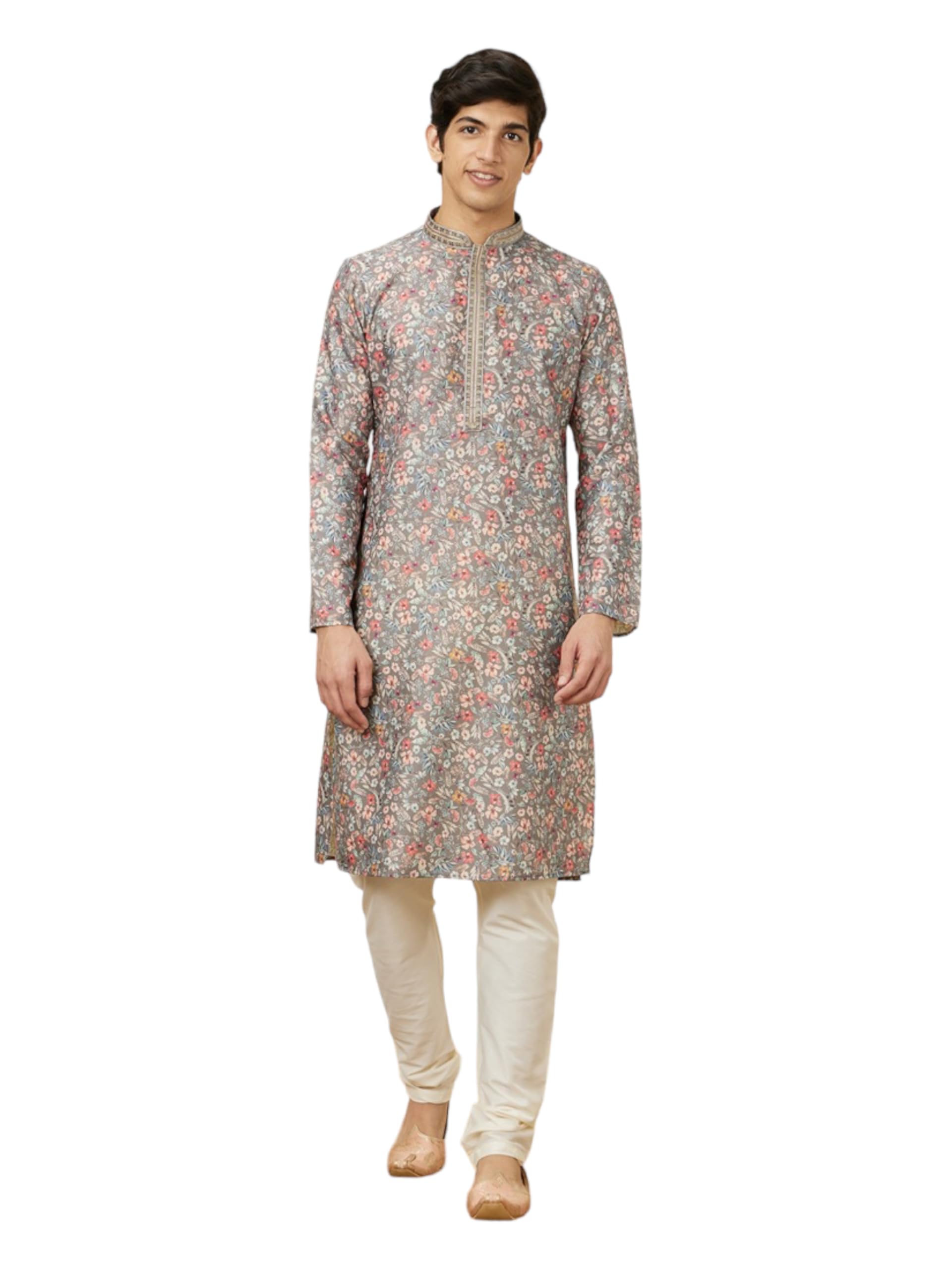 manyavar Men's Floral Printed Kurta Set (2pcs) with Embroidered Collar-picture-12