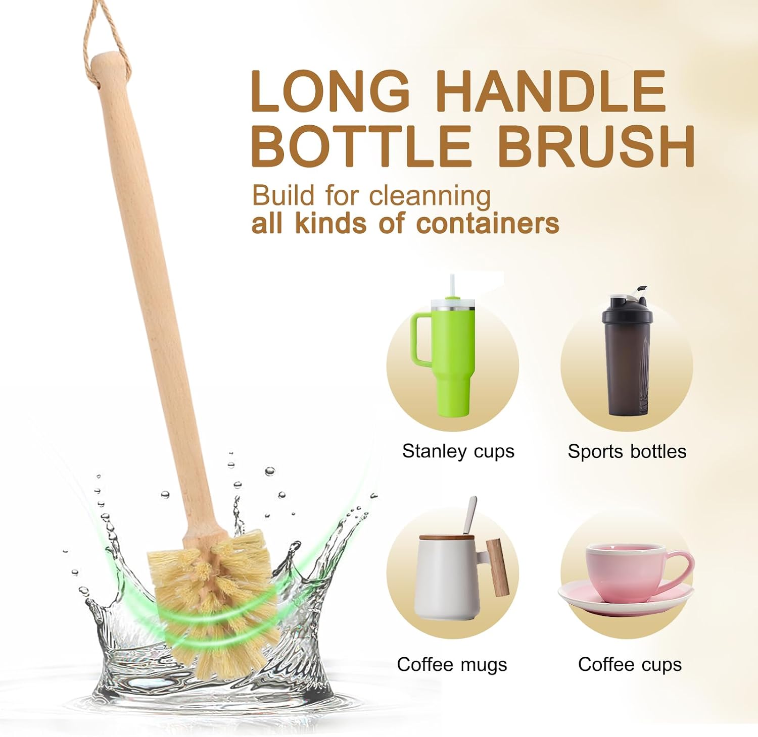 Long Handle Bottle Brush,Wooden Cleaning Brush with Straw Brush,Built for Stanley Cup, Sports Bottles and Coffee Mugs