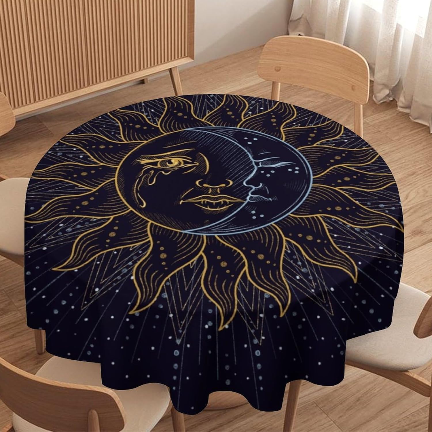 Magic Sun Moon Table Cloth, Stars Celestial Tablecloth Waterproof Stain Wrinkle Resistant Washable Universe Table Cover for Home Kitchen Dining Room Party Picnic, 70x70 Inch