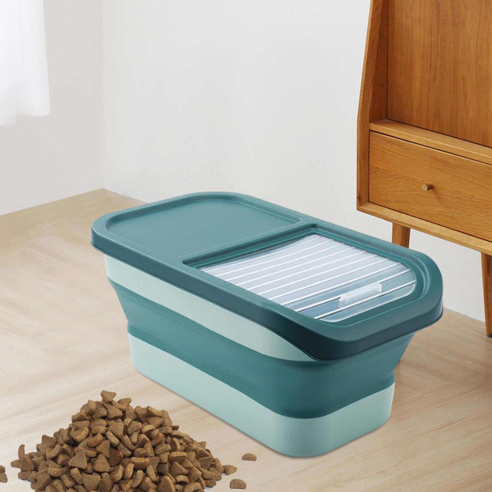 Pet Food Lagerbehälter Getreideversiegelte Vorratsdose Faltbarer Tierfutterspender Korndose mit Stabilem Klappdeckel Und Messbecher Aus Nachhaltigem K, GRÜN