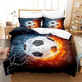 LOMDEM Sports Football Funda Nórdica Arte Graffiti Agua Llama Fútbol Patrón Ropa de Cama Infantil Niños Poliéster Verde Azul Funda de Edredón Funda de Almohada (Color 3,Cama 150 cm 220x240 cm)