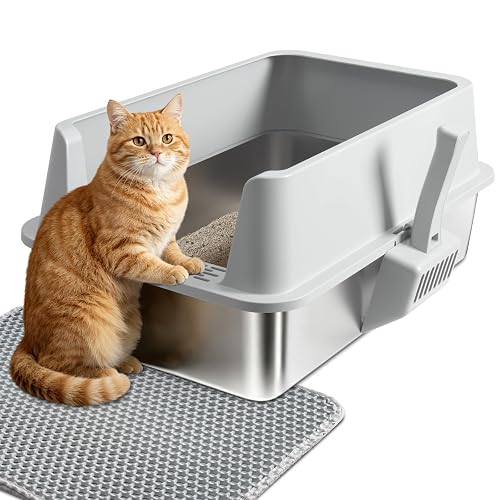 Olacat Stainless Steel Litter Box with Lid,XL Metal Cat Litter Box | Large Litterbox for Adult Cat with High Sides,Non-Stick, Odor-Free,Easy to Clean,Include Litter Mat &Scoop - Large:23X14.6X10 with Lid