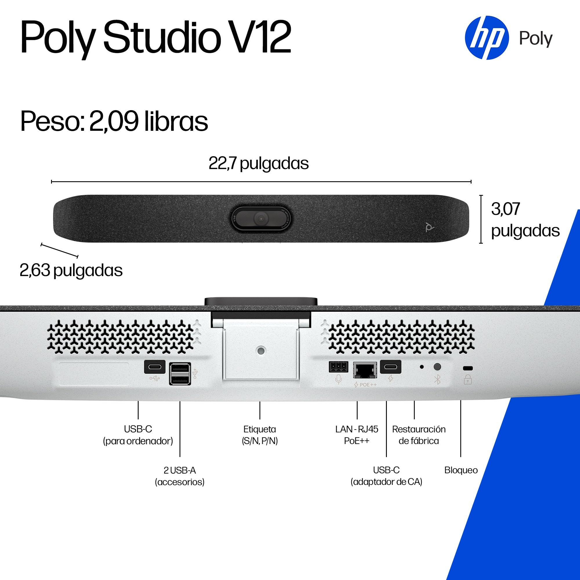 Poly Studio V12 Barra de vídeo USB para Salas pequeñas, 4K 20MP, visión 120º, reducción de Ruido, para Zoom, Teams
