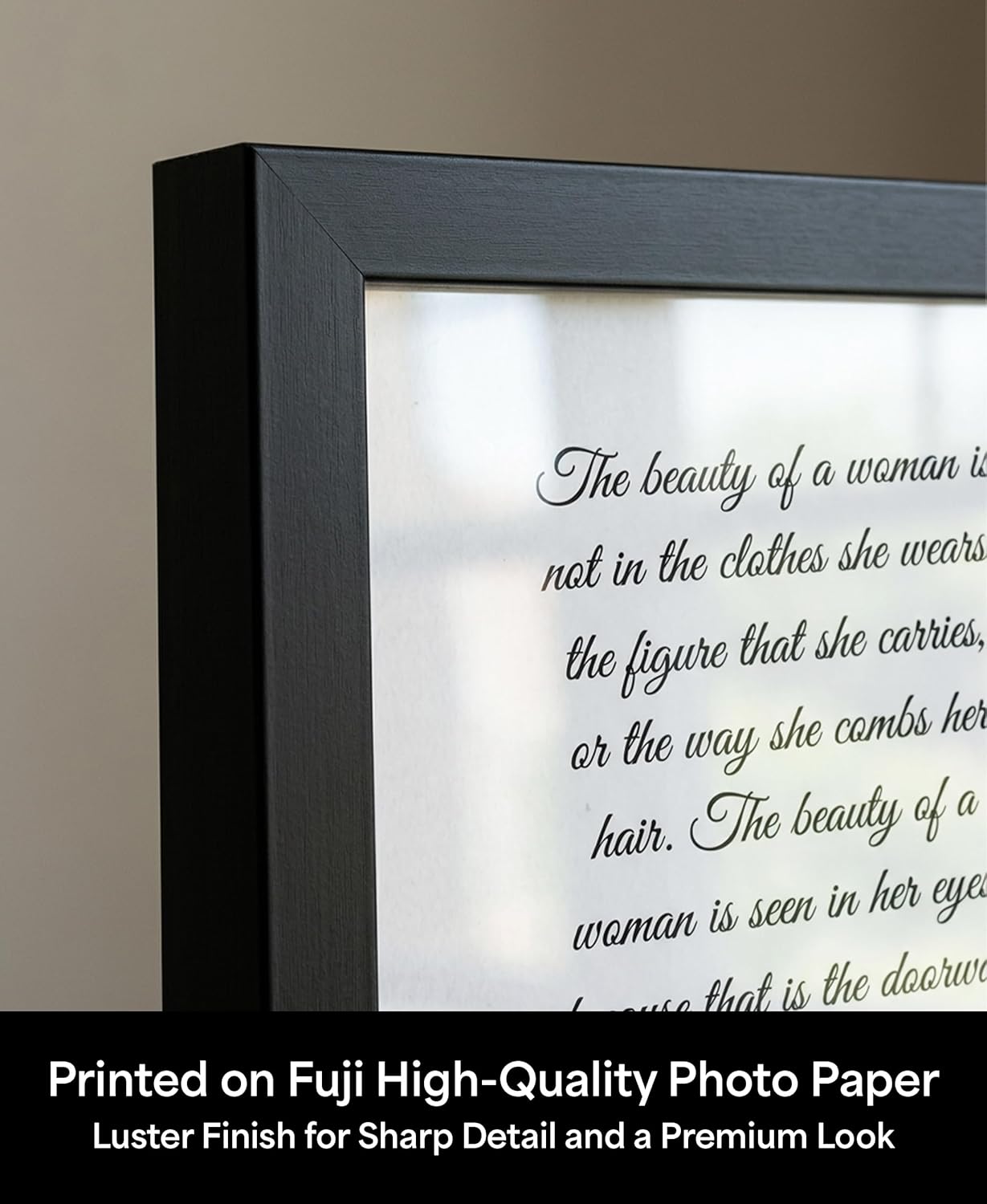 Beauty of a Woman Quote Wall Art Print – Vintage Audrey Hepburn Portrait Sketch | Inspirational Black and White Poster for Women | Bedroom, Bathroom, Salon Decor | 8x10 Framed