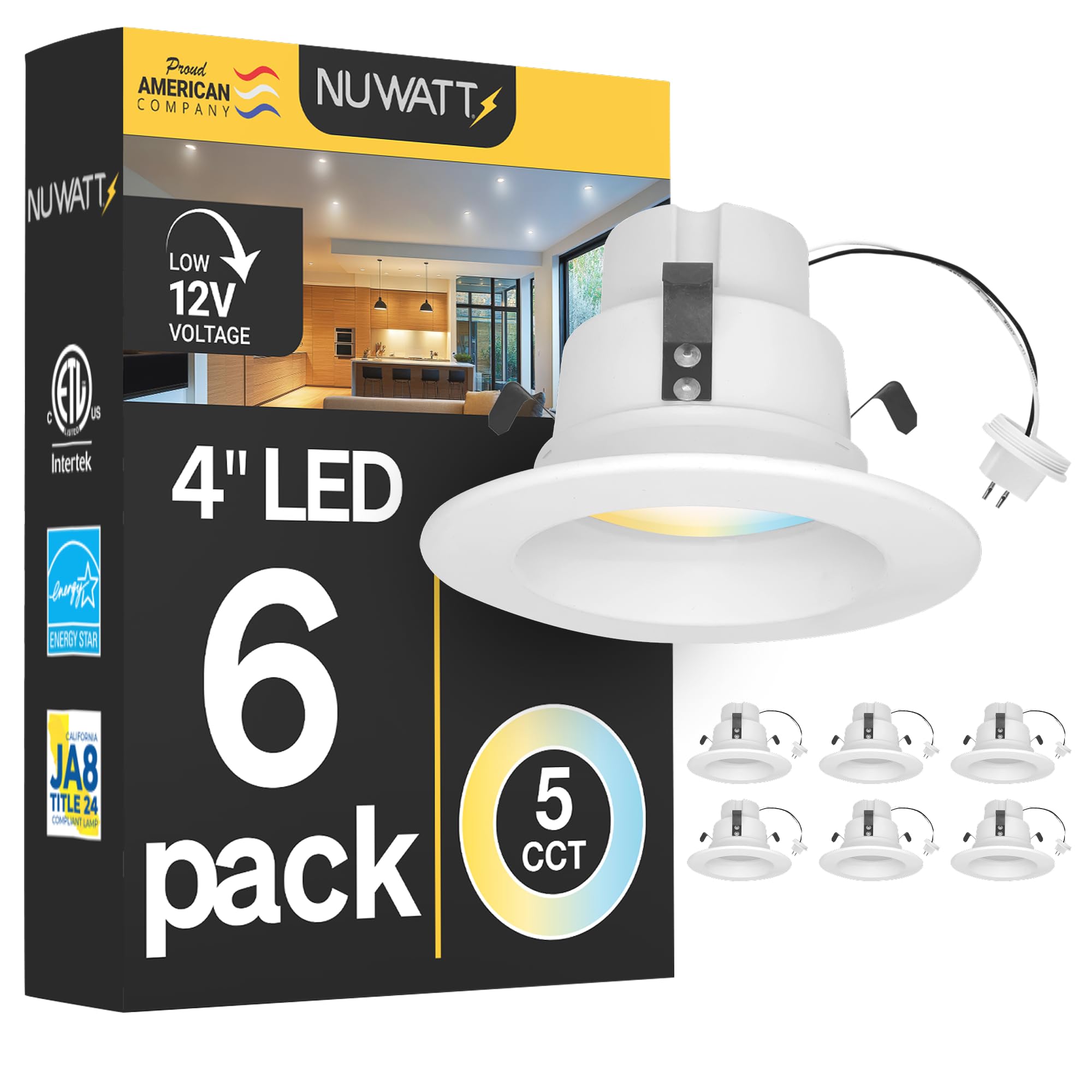 12V, 660LM, Wet Rated, Dimmable, Bi-Pin GU5.3 Low Voltage Recessed Lights, 27K/30K/35K/40K/50K, 10W/75W Halogen Replacement 4 Inch Retrofit MR16 LED Recessed Lighting 2700K-5000K, ETL, 6 Pack