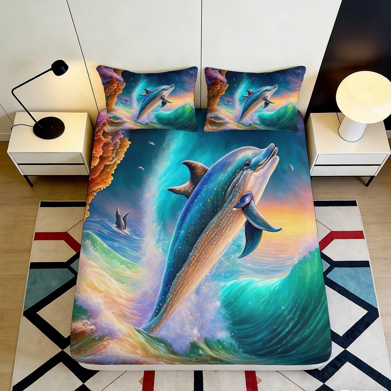 3D Printed Dolphin Ocean Wave Fitted Sheet Microfiber Soft Breathable Underwater Scene Bed Cover for Bedroom Dormitory Guest Room Mattress Protection 140x200x25cm