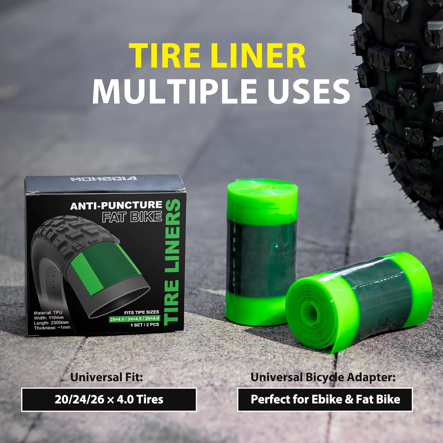 MOHEGIA Fat Tire Liners - 2 Pack TPU Bike Tube Protection Liner Against Flats,Heat & Weather Resistant for 20x4.0 / 24x4.0/ 26x4 .0 Fat Bicycle & E-Bike Tires(Size 110x2300 mm)