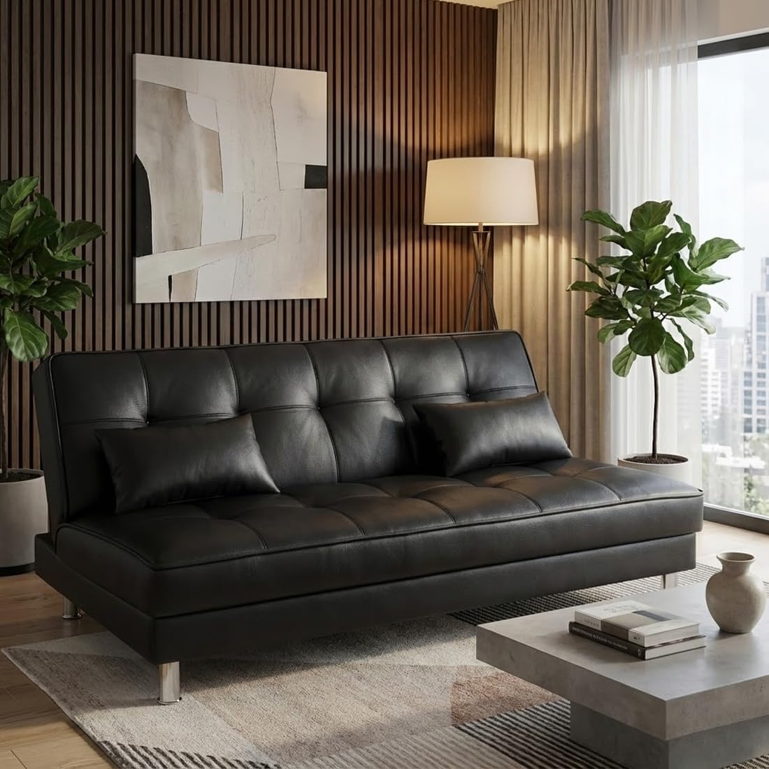 FURNY Gaiety 3 Seater Leatherette Sofa Cum Bed (Black) Premium Finish | Durable Comfort | Ideal for Living Room, Offices