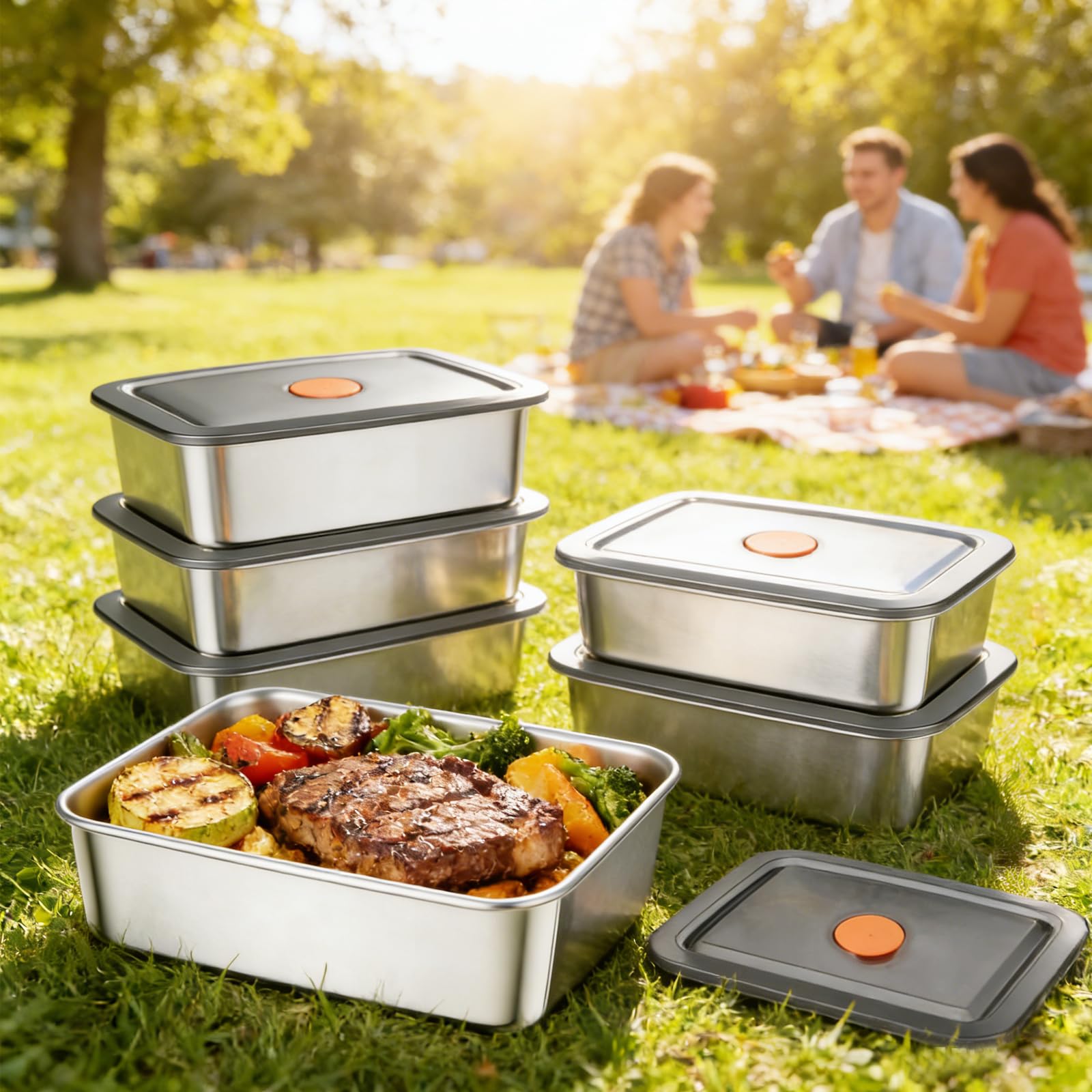 6 contenitori per alimenti in acciaio inox con coperchio, impilabili, riutilizzabili, contenitori per la preparazione dei pasti, contenitori per alimenti in acciaio inox, per forno e