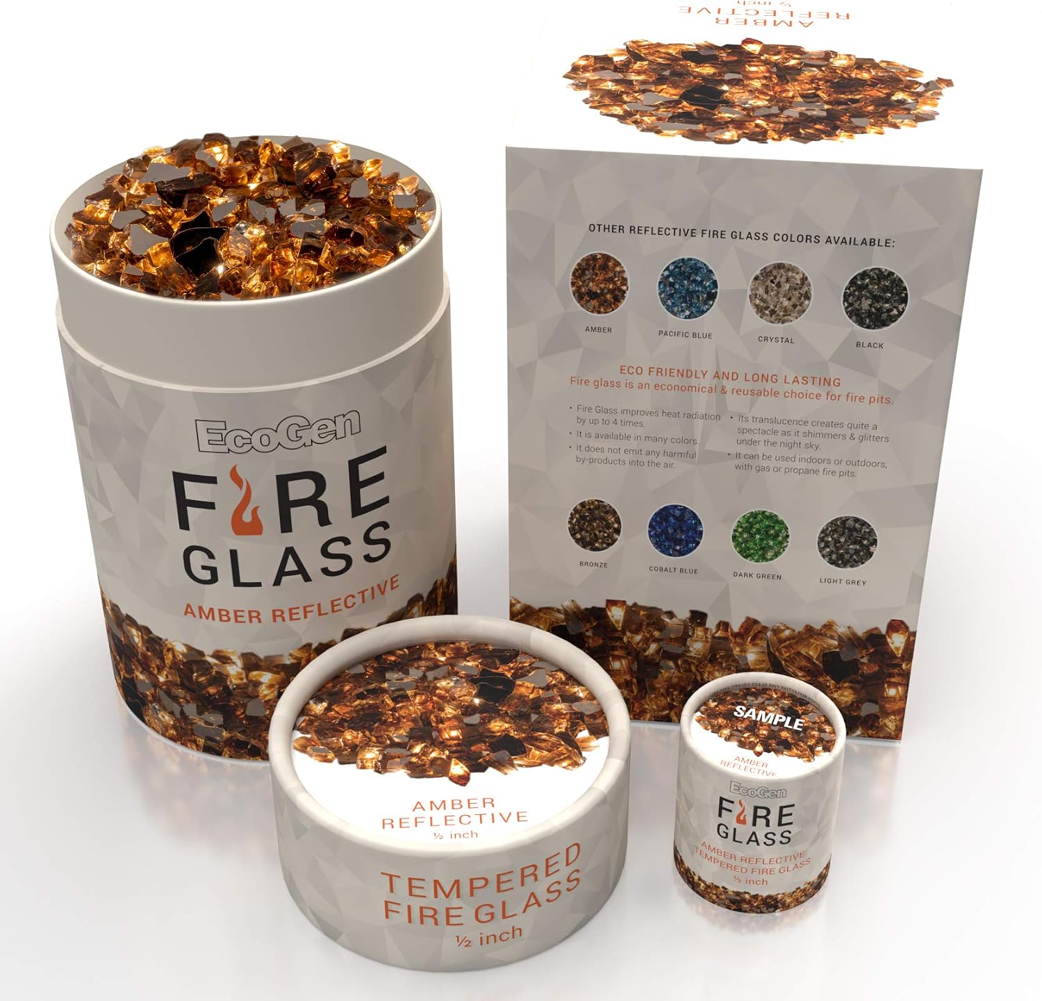 EcoGen Fire Glass Rocks for Outdoor Fire Pits and Indoor Fireplace, Color, Optimal Heat for Propane or Gas, Tempered and Reflective, Eco-Friendly Packaging, Amber 1/2 inch Reflective 12 lbs.