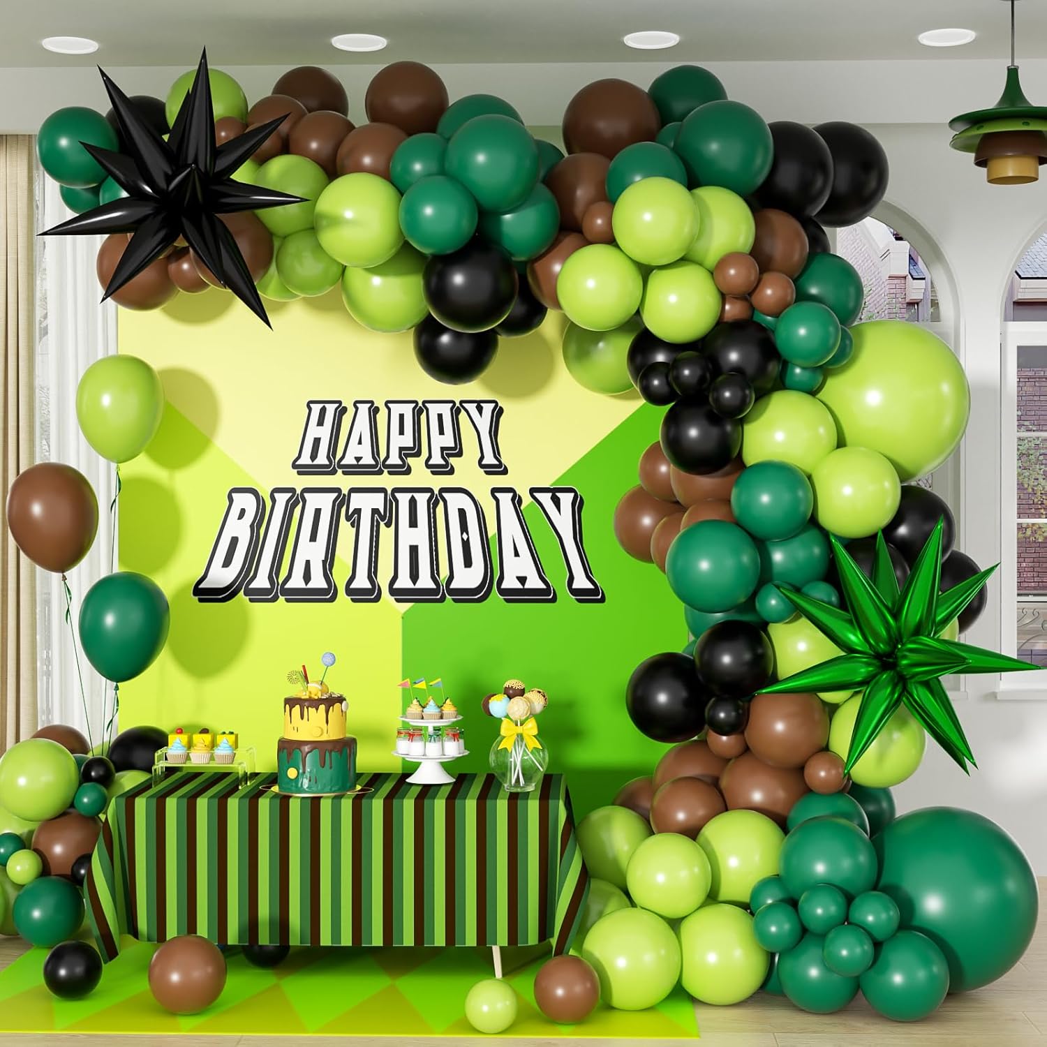 (Similar to)Green and Brown Balloon Arch Garland Kit with Brown Black Dark Lime Green Balloons for Jungle Video Game Theme Baby Shower Birthday Party Decorations