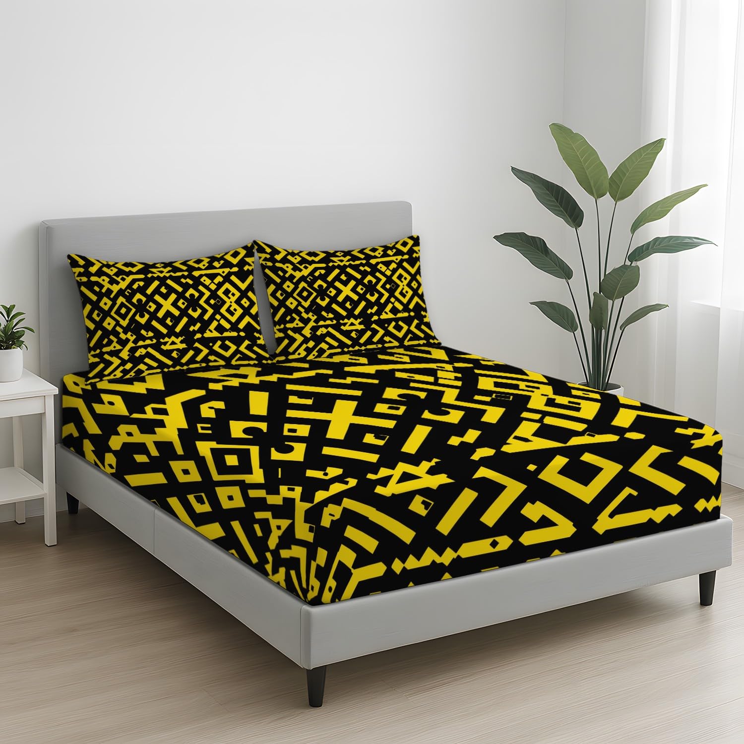 Nowoczesne geometryczne prześcieradło z gumką żywe żółte kwadratowe w kształcie litery X zestaw pościeli 30 cm głęboka kieszeń mikrofibra oddychające prześcieradło pojedyncze dla dzieci nastolatków