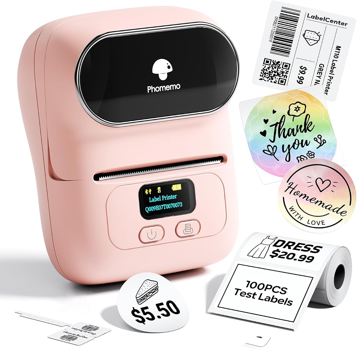 Impresora de etiquetas - Impresora térmica de etiquetas M110 Fabricante de etiquetas de código de barras Mini impresora de pegatinas Bluetooth para pequeñas empresas, hogar, oficina, logotipo, dirección, etiqueta de nombre, ropa, organización, rosa | Etiquetadora Bluetooth rosa de 2 pulgadas, fácil de usar para pequeñas empresas, hogar, escuela, oficina, aplicación con más de 6000 plantillas