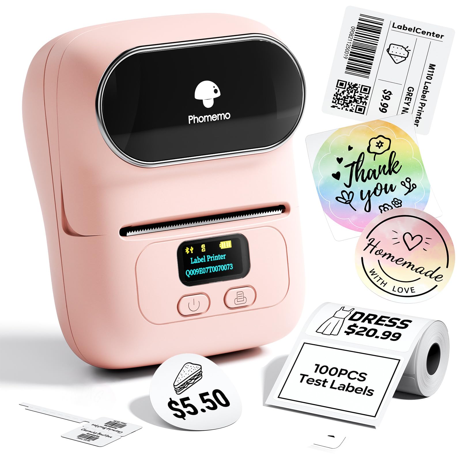 Phomemo Label Printer - M110 Thermal Label Printer Barcode Label Maker Mini Bluetooth Sticker Printer for Small Business, Home, Office, Logo, Address, Name Tag, Clothing, Organizing, Pink