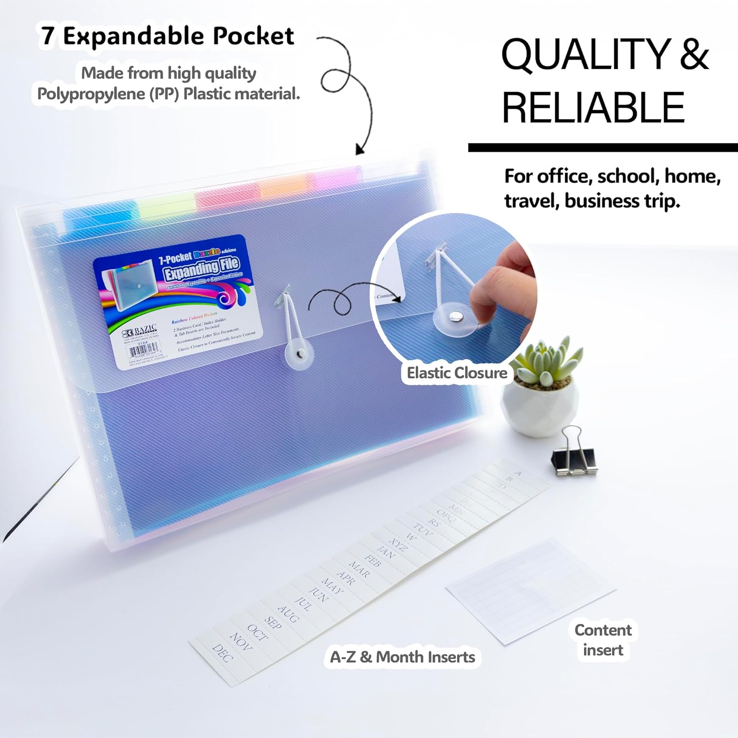 BAZIC Products Expanding File Folder 7 Pockets w/Color Tabs, Letter Size Plastic File Pocket Folders, Home Office Supplies, Paper Documents Organizer, 4-Pack