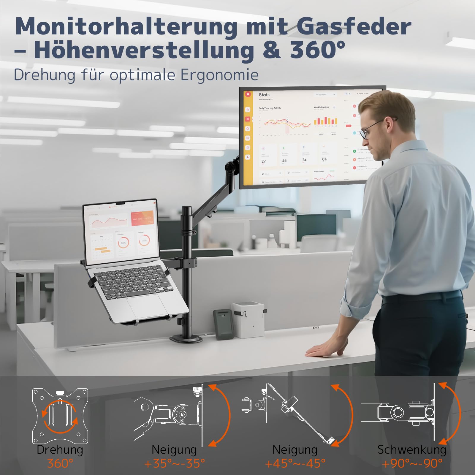 PUTORSEN Monitor Halterung mit Laptop Arm für 17-35 Zoll | Traglast 12 kg, VESA 75/100. Laptop-Arm bis 17" (5 kg). Montage per Klemme/Grommet. 5 Jahre Garantie
