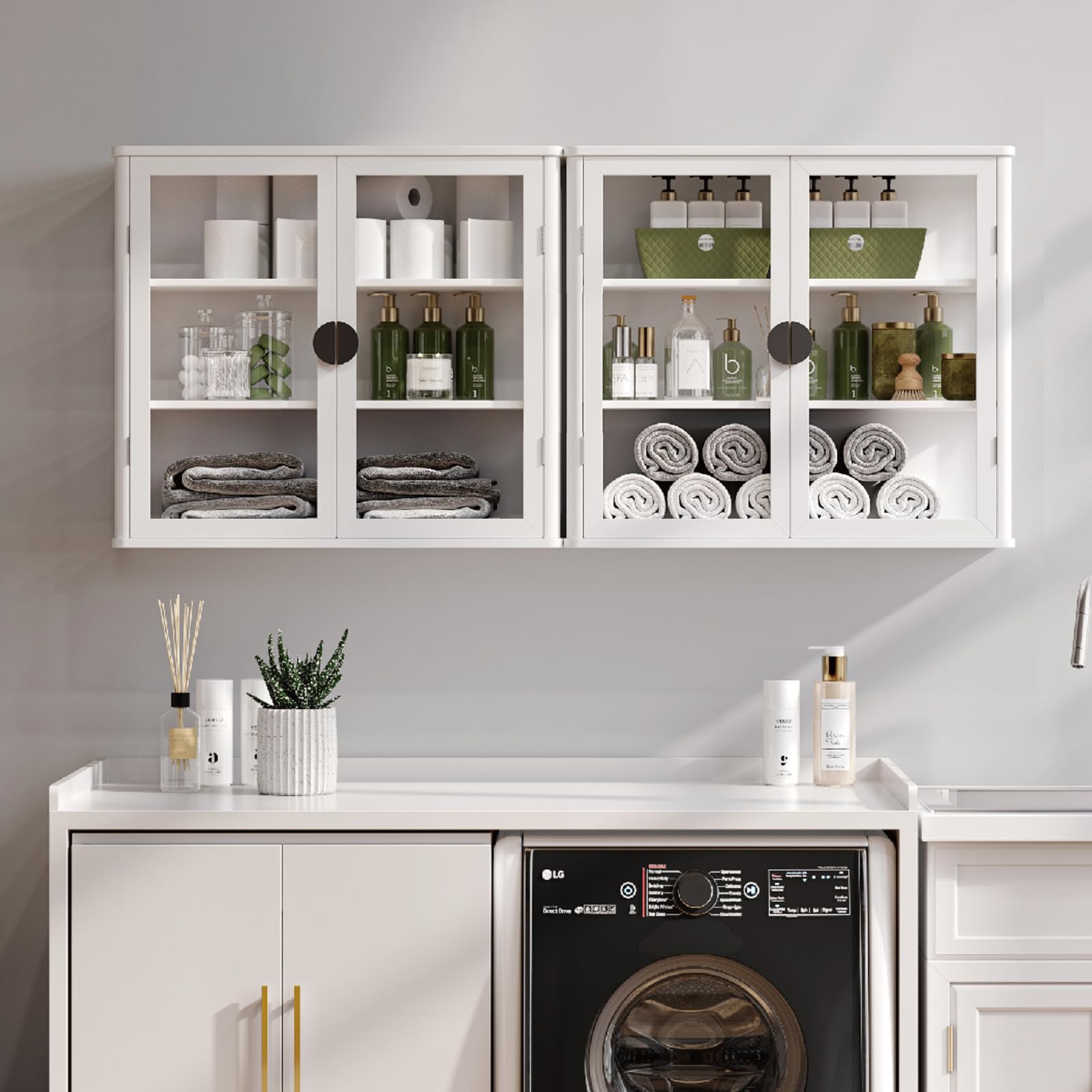 56" Wall Cabinets, Floating with Glass Doors, Display Wall Mounted Cabinet,Over Toilet Storage, Kitchen,Bathroom & Laundry Room, 28" x 2PCS, White