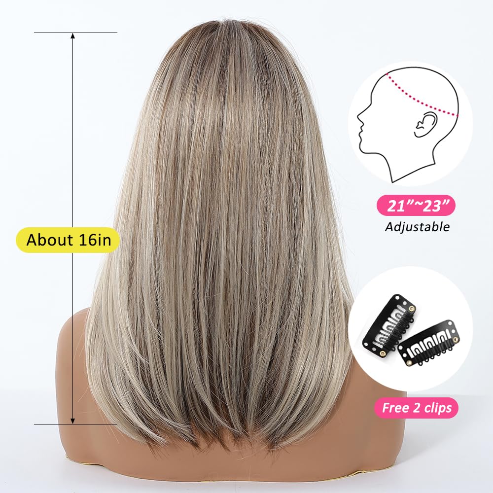 OUFEI Ombre Ash Blonde Wigs for Women Medium Length Long Straight Wig with Curtain Bangs Synthetic Hair Heat Resistant Wigs for Everyday Party Cosplay Wear - Image 4