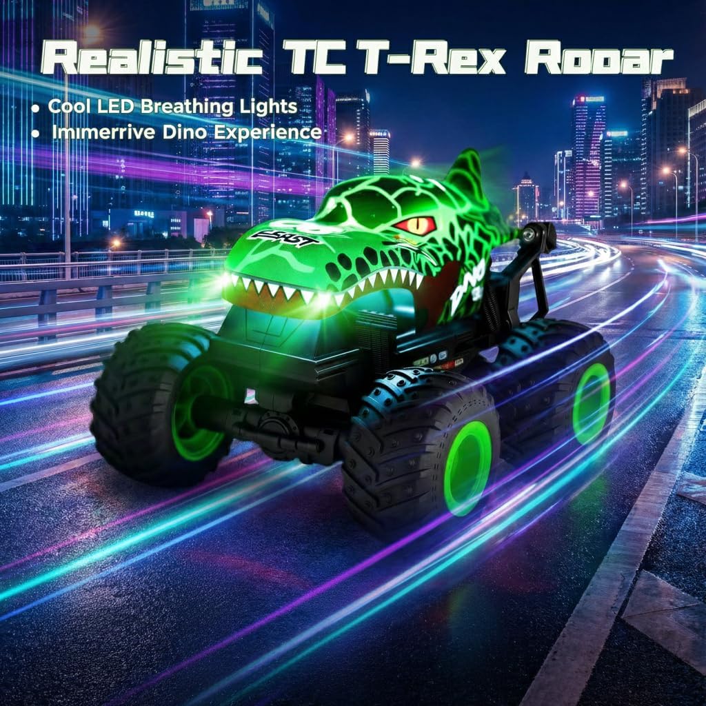 Remote Control Dinosaur Car for Boys 8-12, Sturdy 1:20 Scale RC Monster Truck with LED Lights & Roaring Sound, 2.4GHz All Terrain Off Road Toy Vehicle, Birthday Easter Gifts for Kids 8-12(Green)