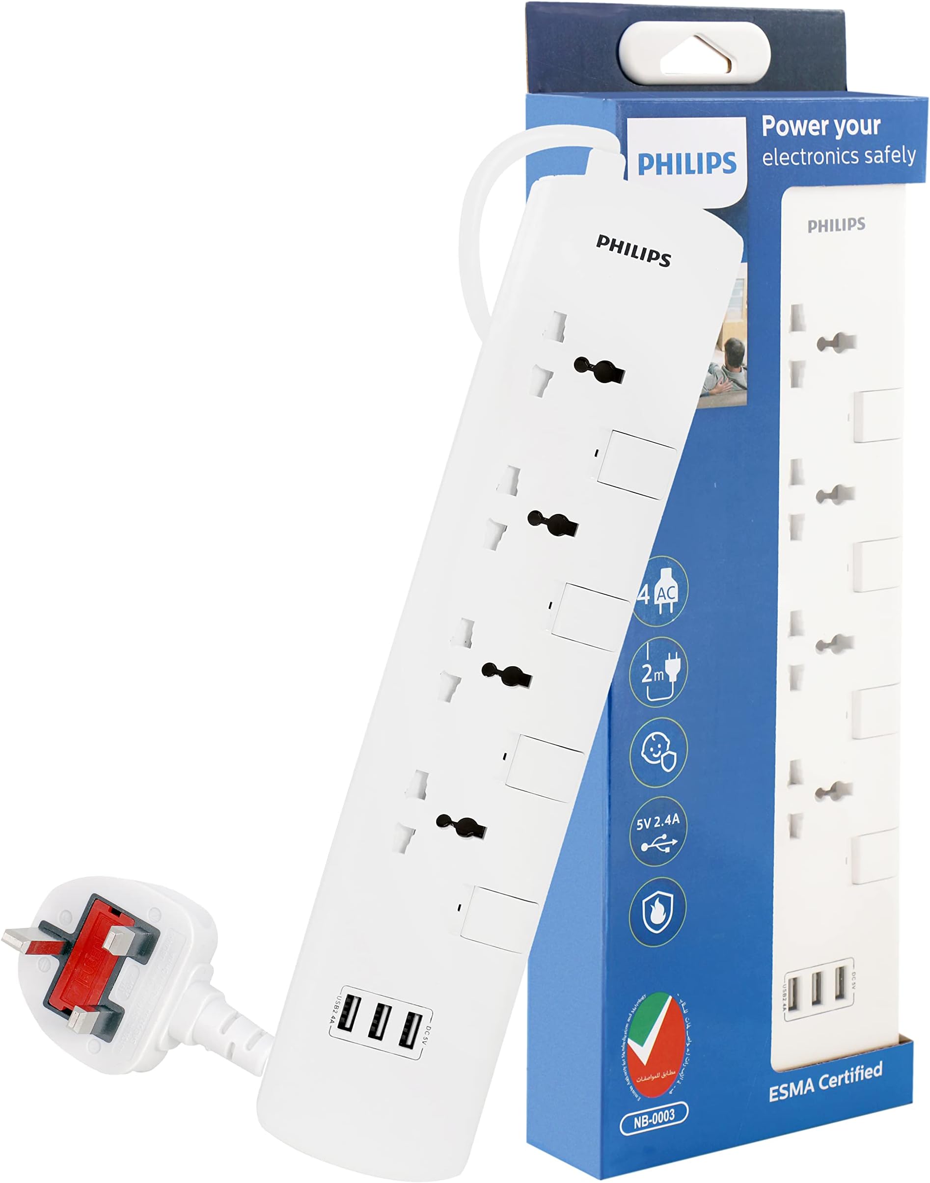 4 Gang 2 Meter Universal Extension Socket with Individual Switch & 3 USB 2.4A | Child Safety Shutters with Fire Rated | BS 13A Plug | ESMA Certified - SPN3144WA/56