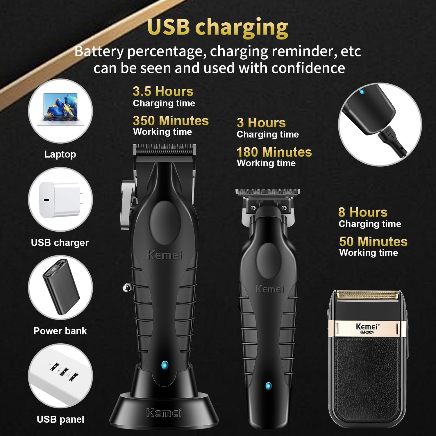 KEMEI Professional Hair Clippers, Beard Trimmers, Electric Shaver Set for Men, Cordless Barber Clipper Beard Trimmer, Rechargeable Fade Clipper Haircutting Kit, KM-2299, KM-2296, KM-2024 - Image 4