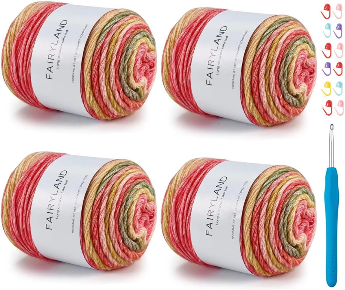 Yarn for Crocheting-Gradient Cake Yarn Ombré with Vibrant Colors-4x100g 60% Cotton 30% Acrylic 10% Wool,Colorful Soft Rainbow Cotton Perfect for Shawls,Scarves,Sweater and Blanket
