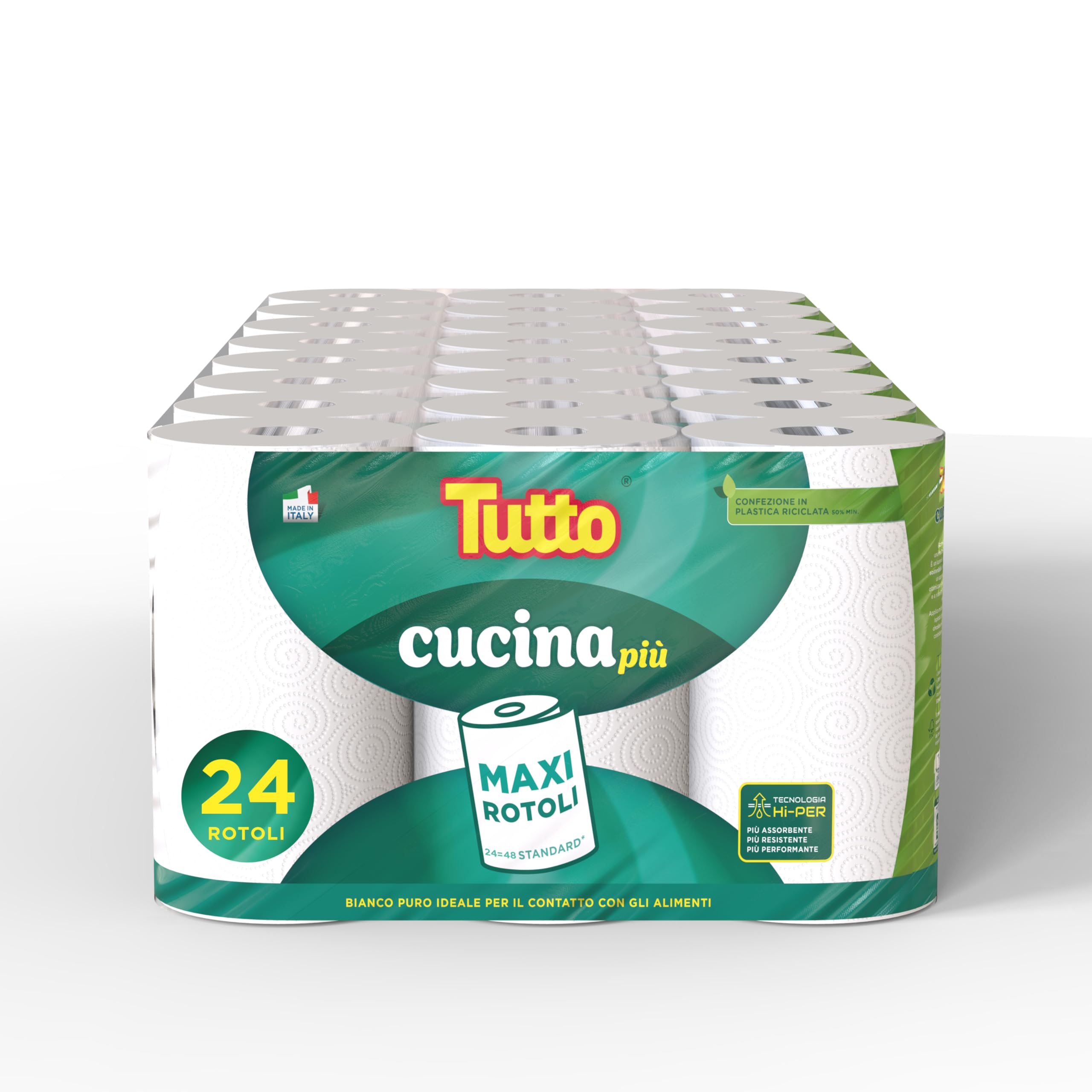 Asciugatutto TUTTO CUCINA PIU’, 24 Rotoli, Adatto a Tutte le Superfici, Carta Super Assorbente e Resistente, Tecnologia HI-PER, Made in Italy, 821706