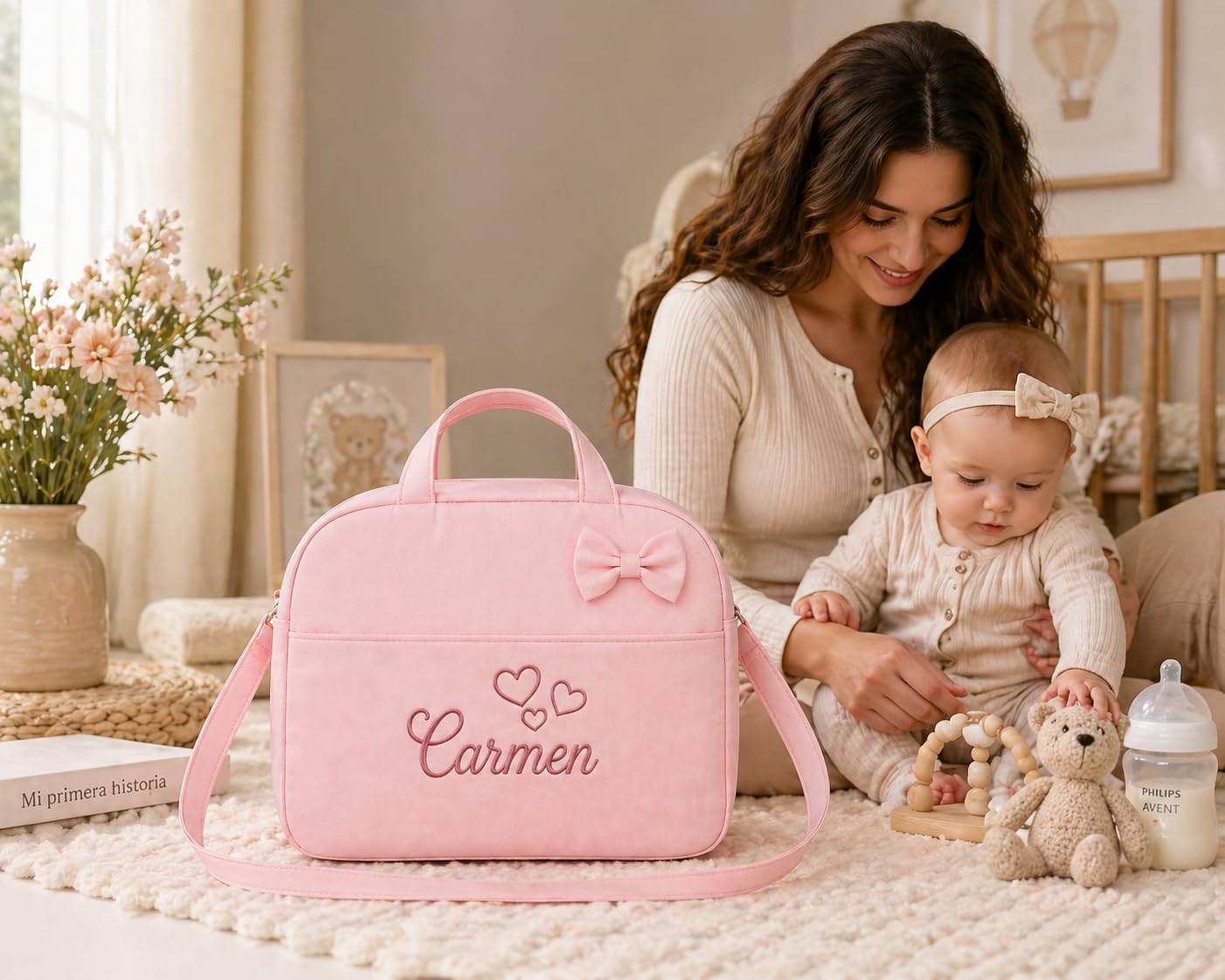 Danielstore - Bolso Maternidad Personalizado | Organizador Pañales | Asa Colgar al Hombro | Compatible Carrito Bebe | Fácil Limpieza, Rosa, 1 Unidad, Polipiel
