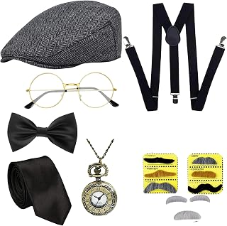 1920s Mens Costume Retro outfit Accessory Kit Fedora Hat Vintage Roaring 20s Gangster Accessories for Gatsby Cosplay Halloween Party